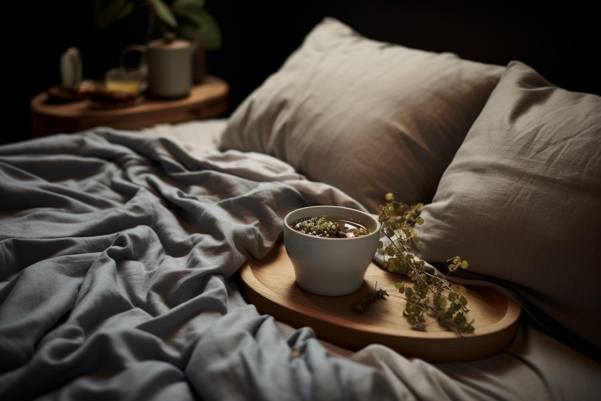 A cozy bedside scene — a small lamp, a cup of herbal tea.
