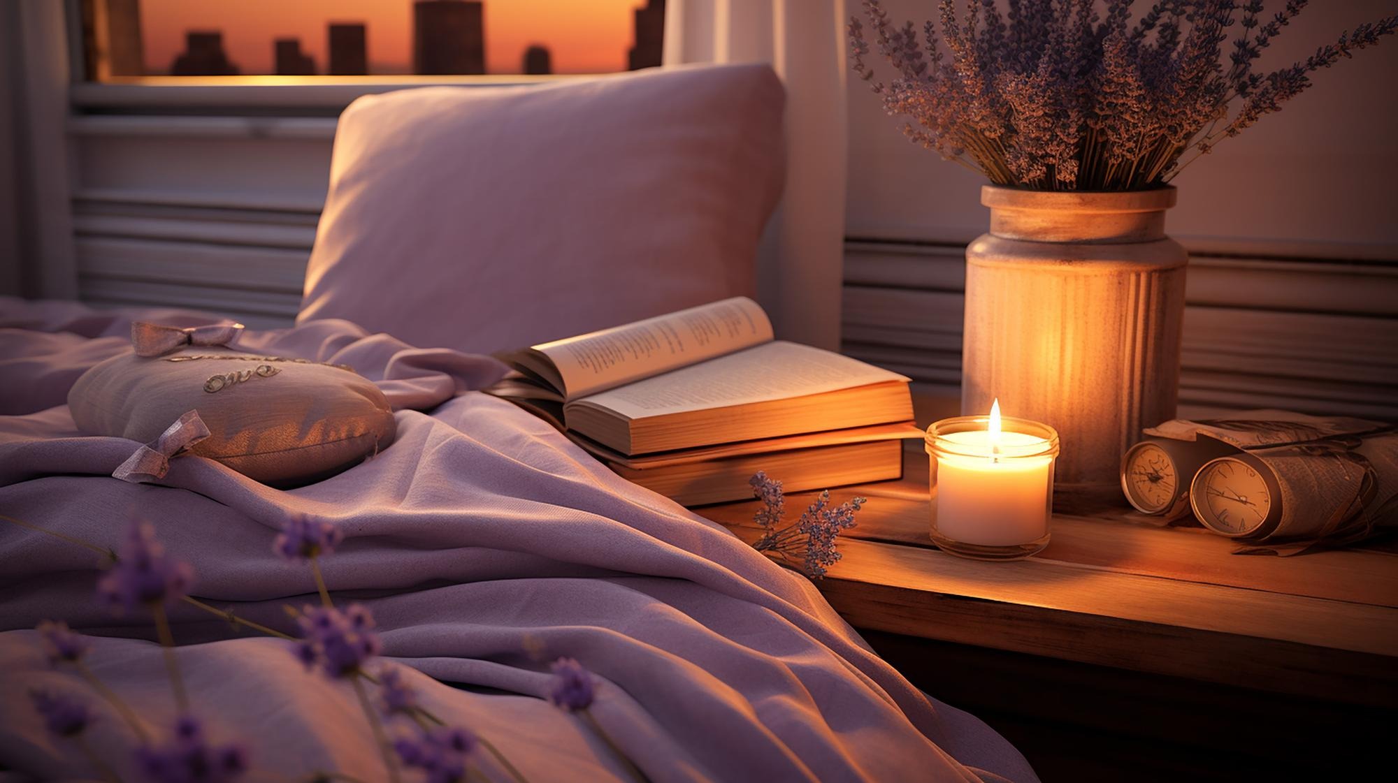 Cozy bedroom at night warm bedside lamp.