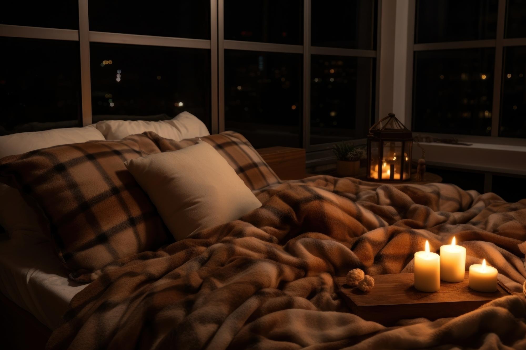 Cozy bedroom at night warm lamp natural linen bedding.