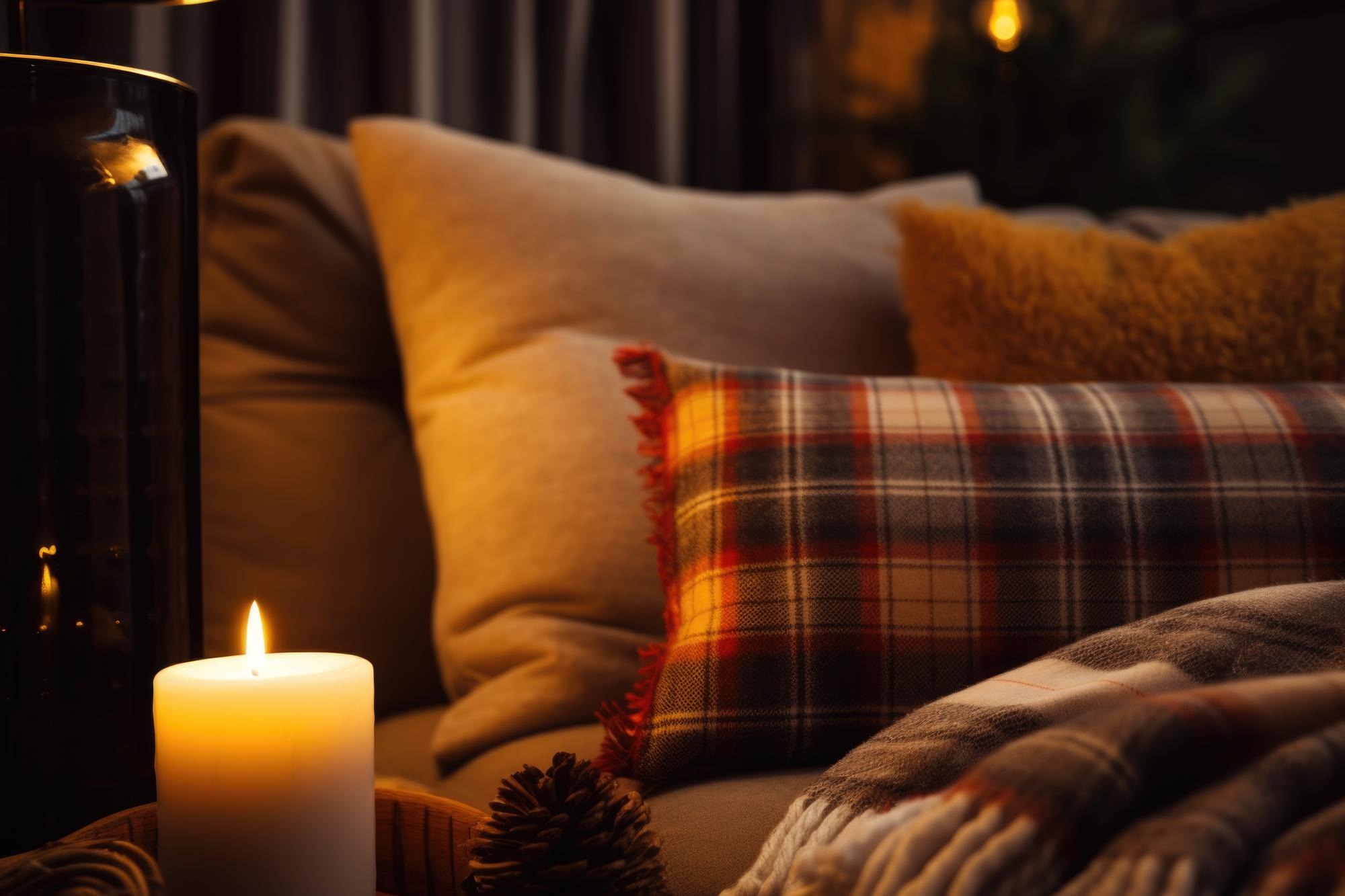 Cozy bedroom corner warm lamp candle blanket nighttime.