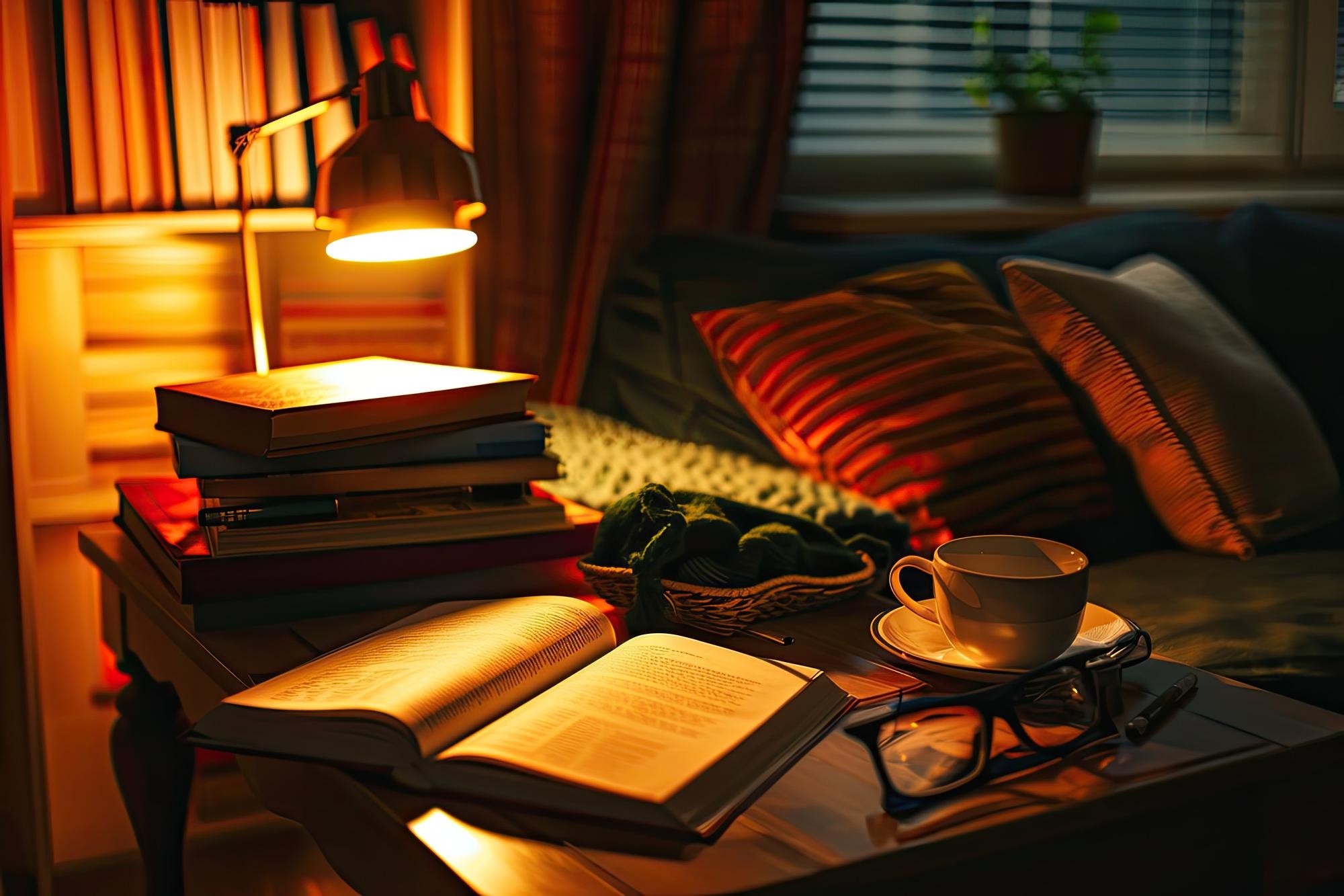 Cozy reading nook at night book tea warm lamp.