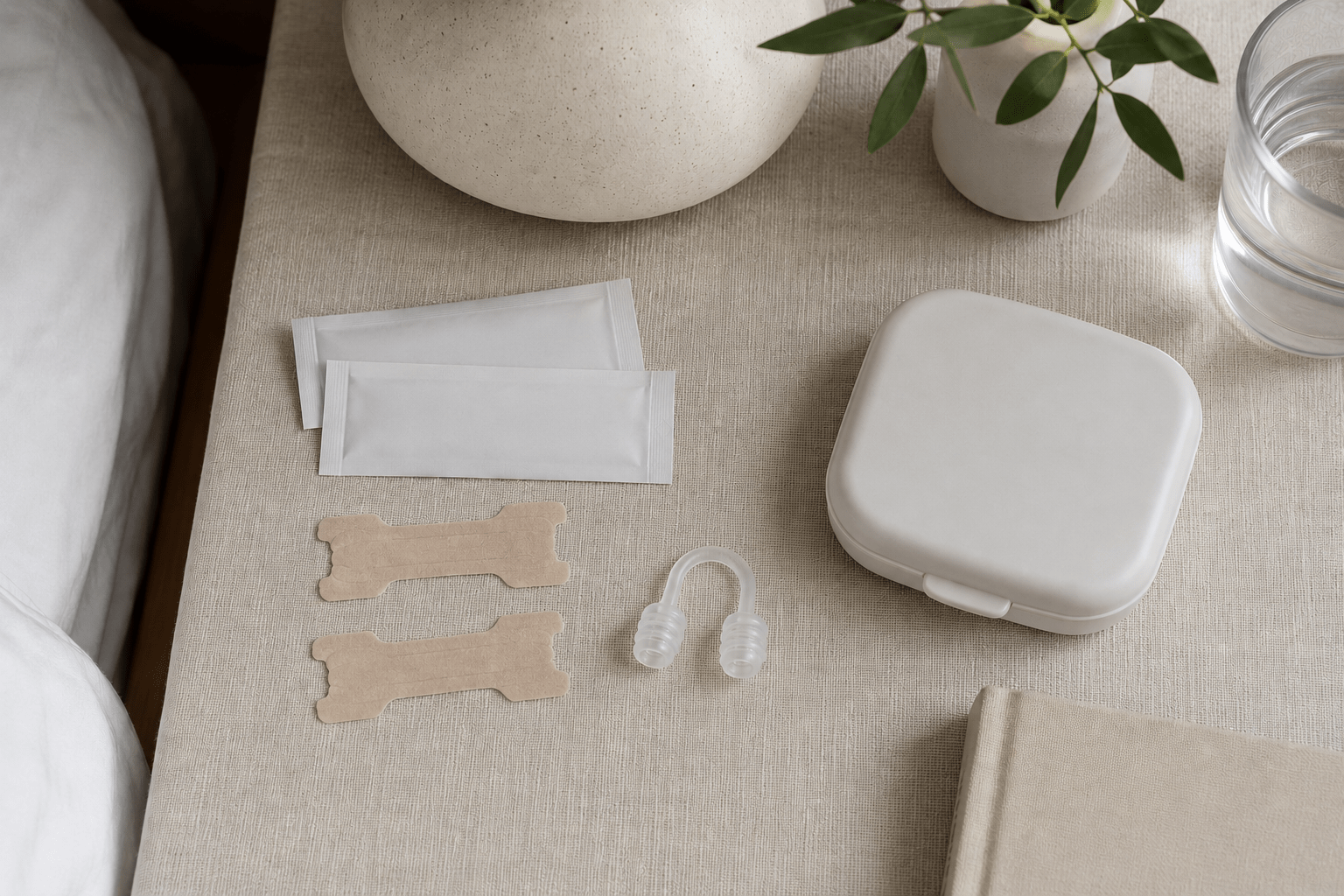 Flat lay on a bedside table showing nasal strips and anti-snoring comfort aids