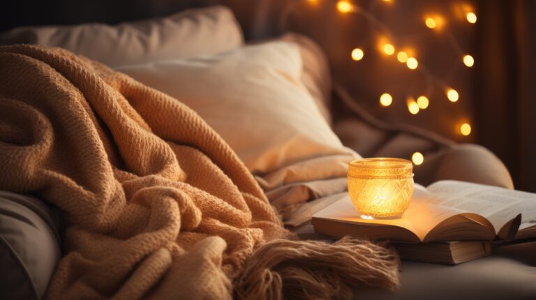 A cozy blanket and a book with a candle on a sofa