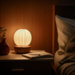 Warm round lamp glows beside a book and vase.