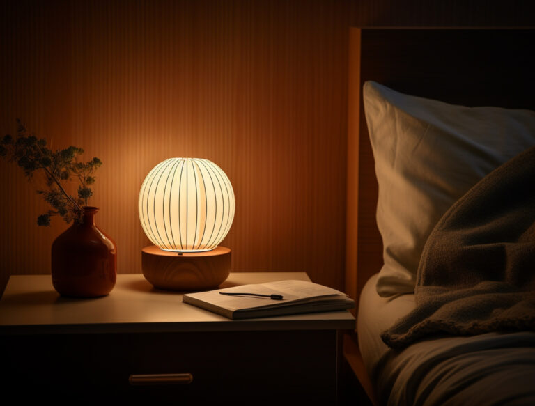 Warm round lamp glows beside a book and vase.