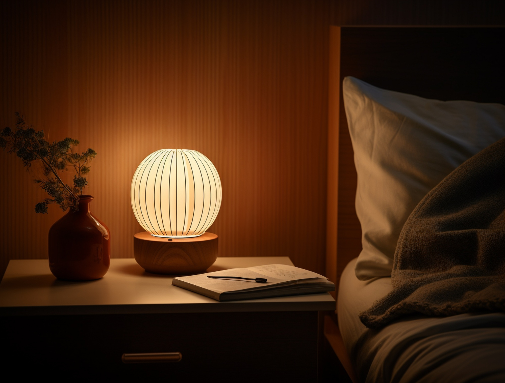 Warm round lamp glows beside a book and vase.