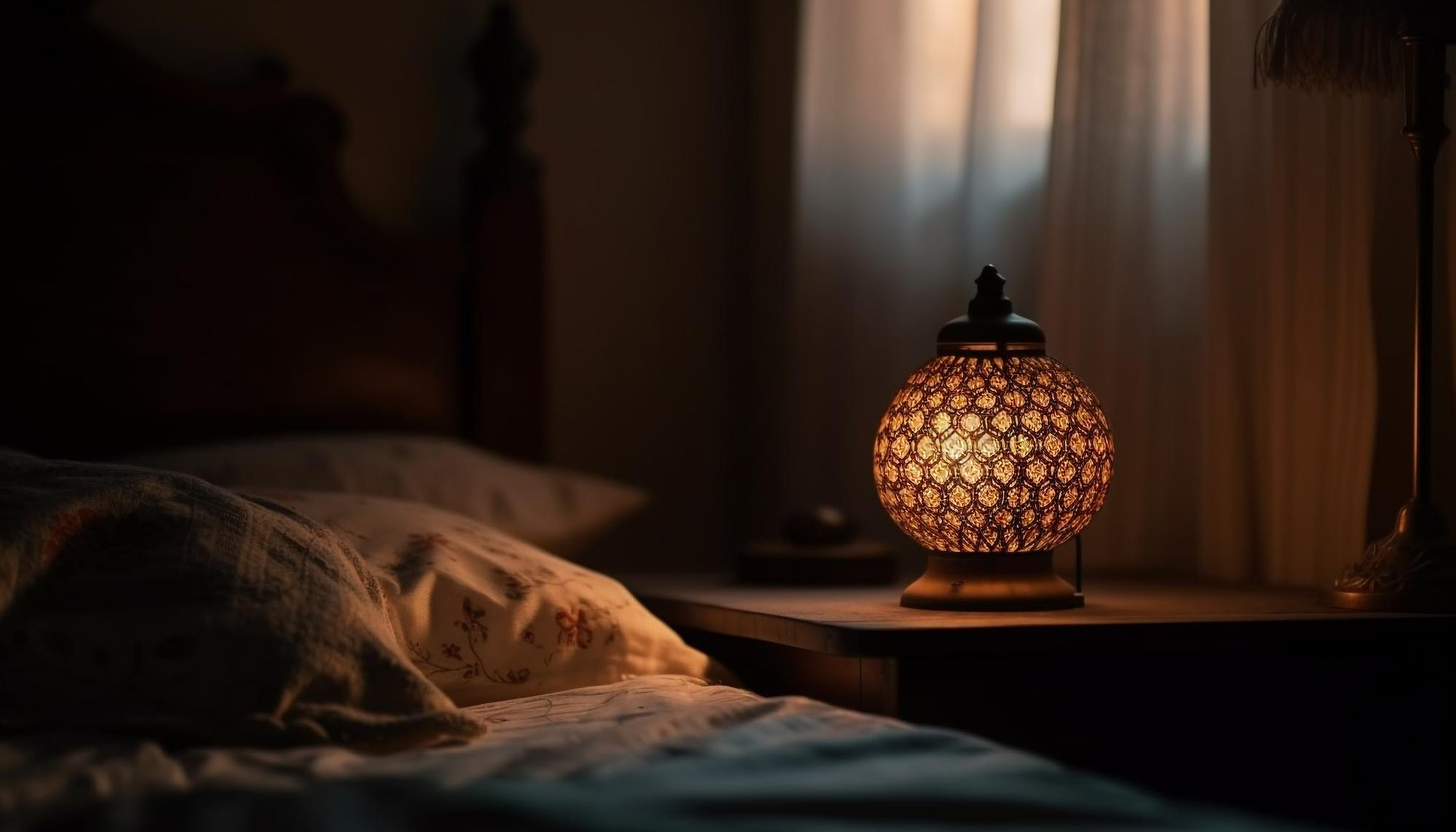 Ornate glowing lamp warms a cozy, dimly lit bedroom.