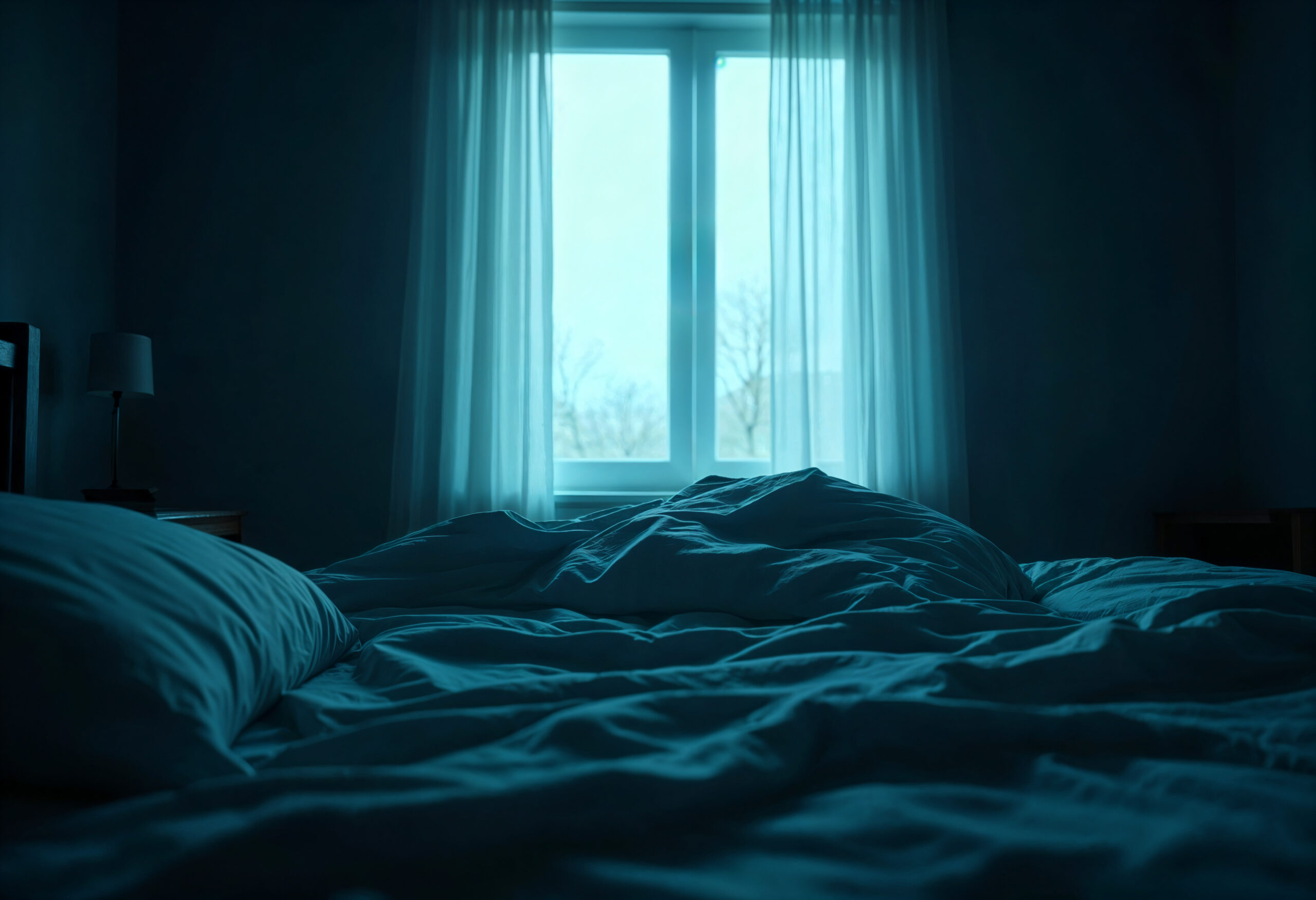 Cold blue moonlight falls over an empty unmade bed.