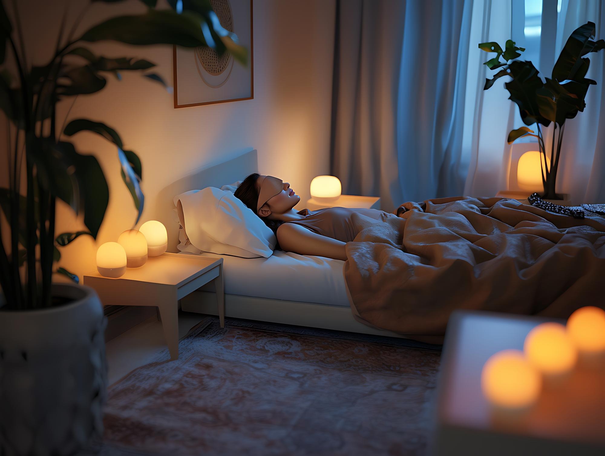 Person relaxing in cozy bedroom at night.