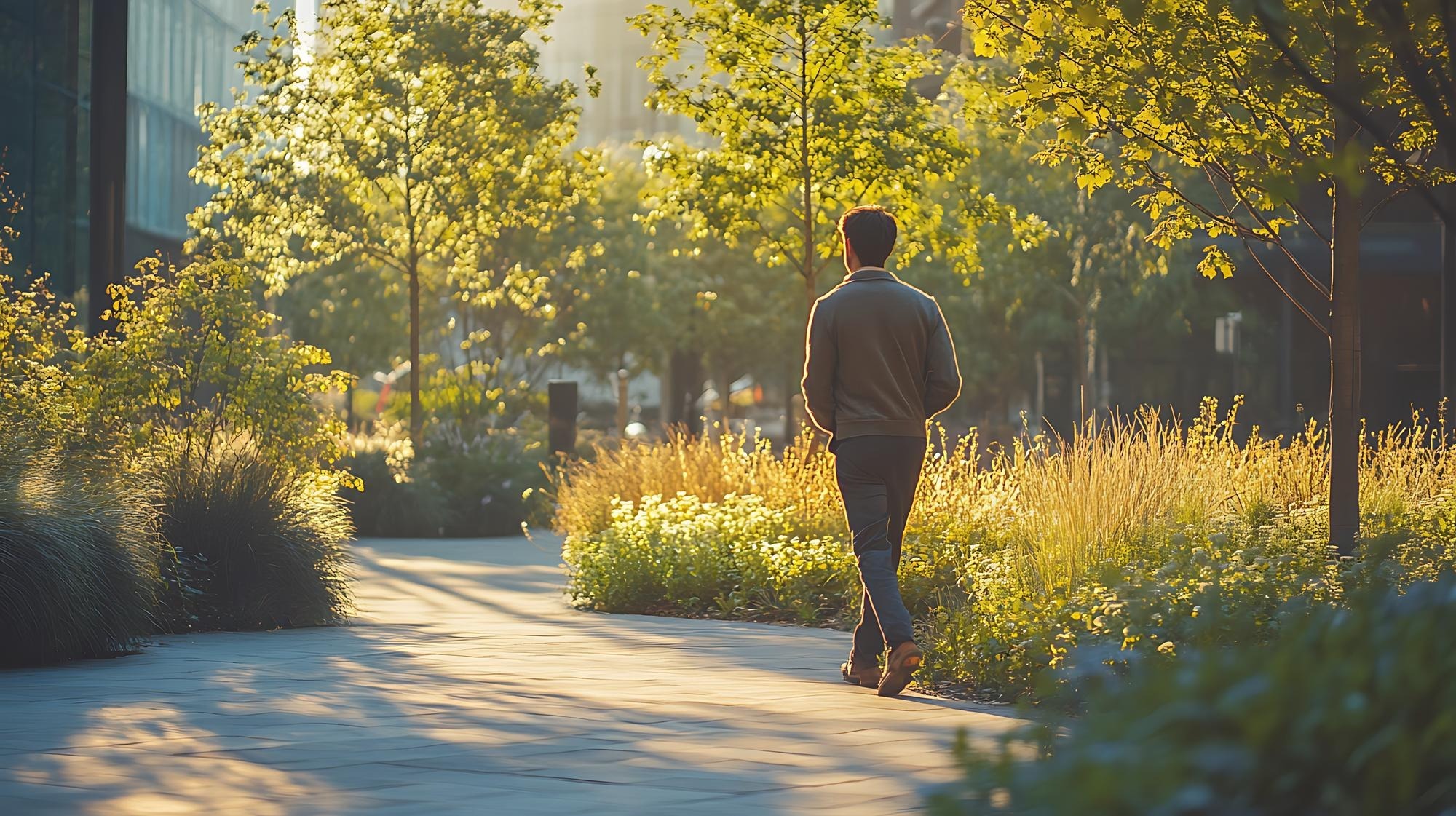 Person walking outdoors in natural daylight.