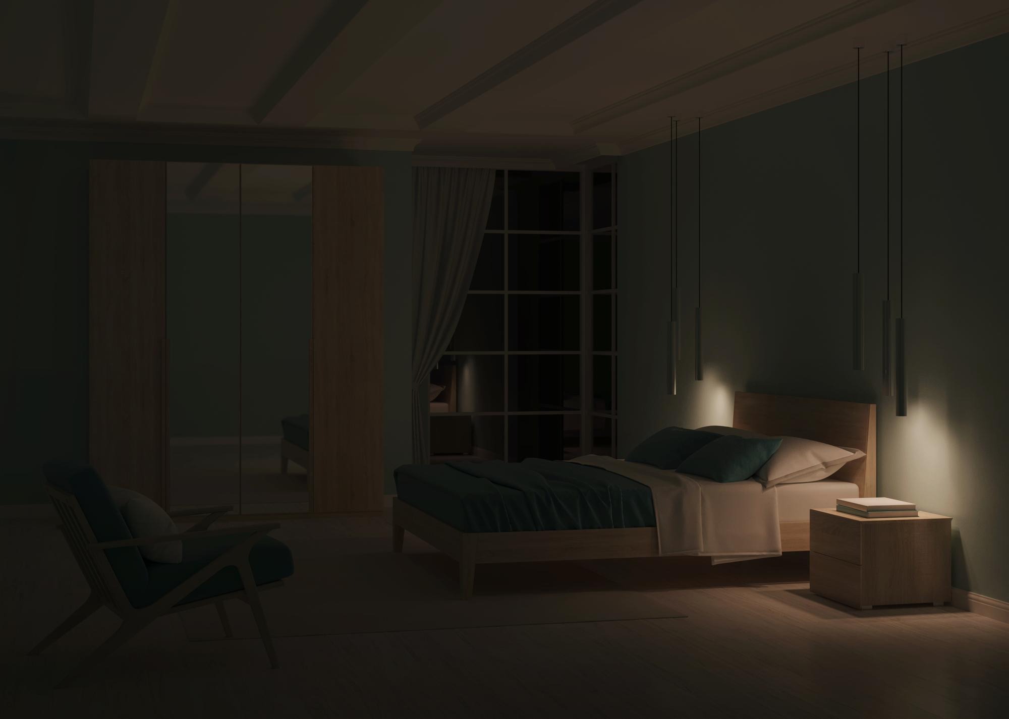 Minimal bedroom at night.