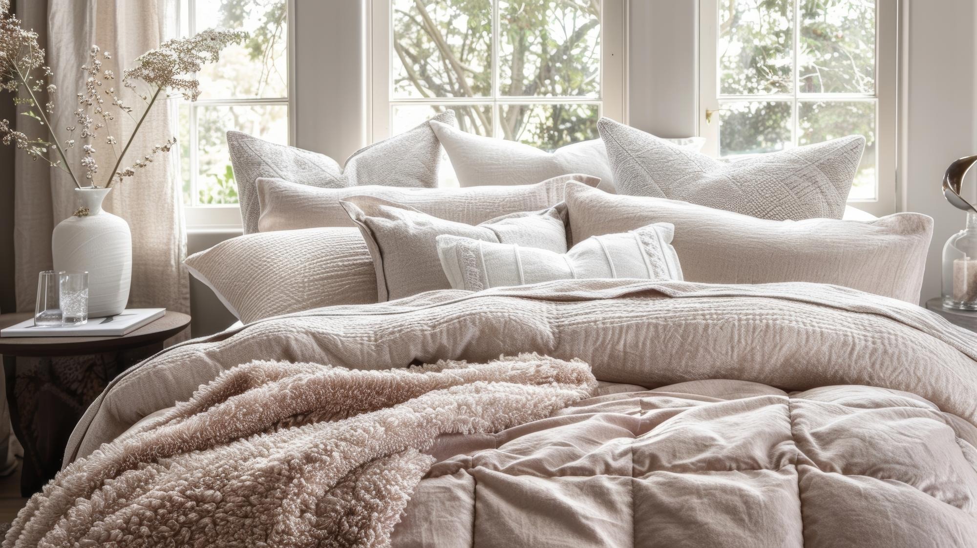 Softly lit bedroom with a neatly made bed.