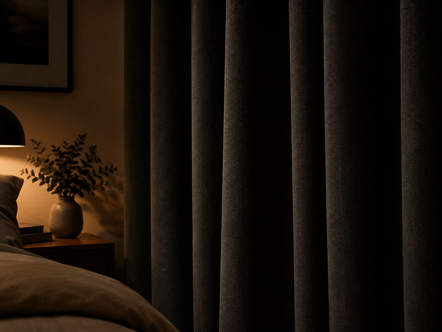 Close-up of thick blackout curtains in a calm, cozy bedroom with soft shadows
