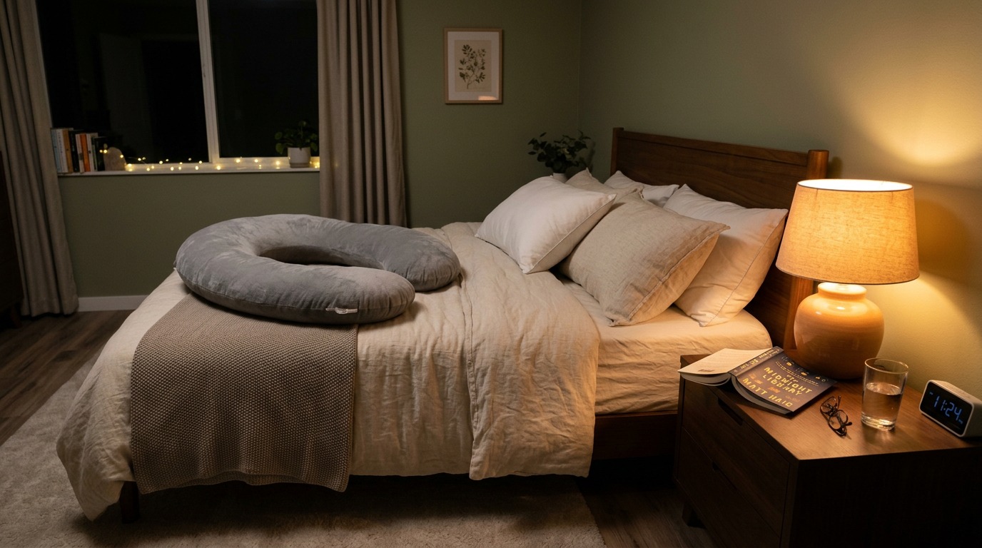 Cozy bed with a pregnancy pillow neatly arranged on soft neutral bedding