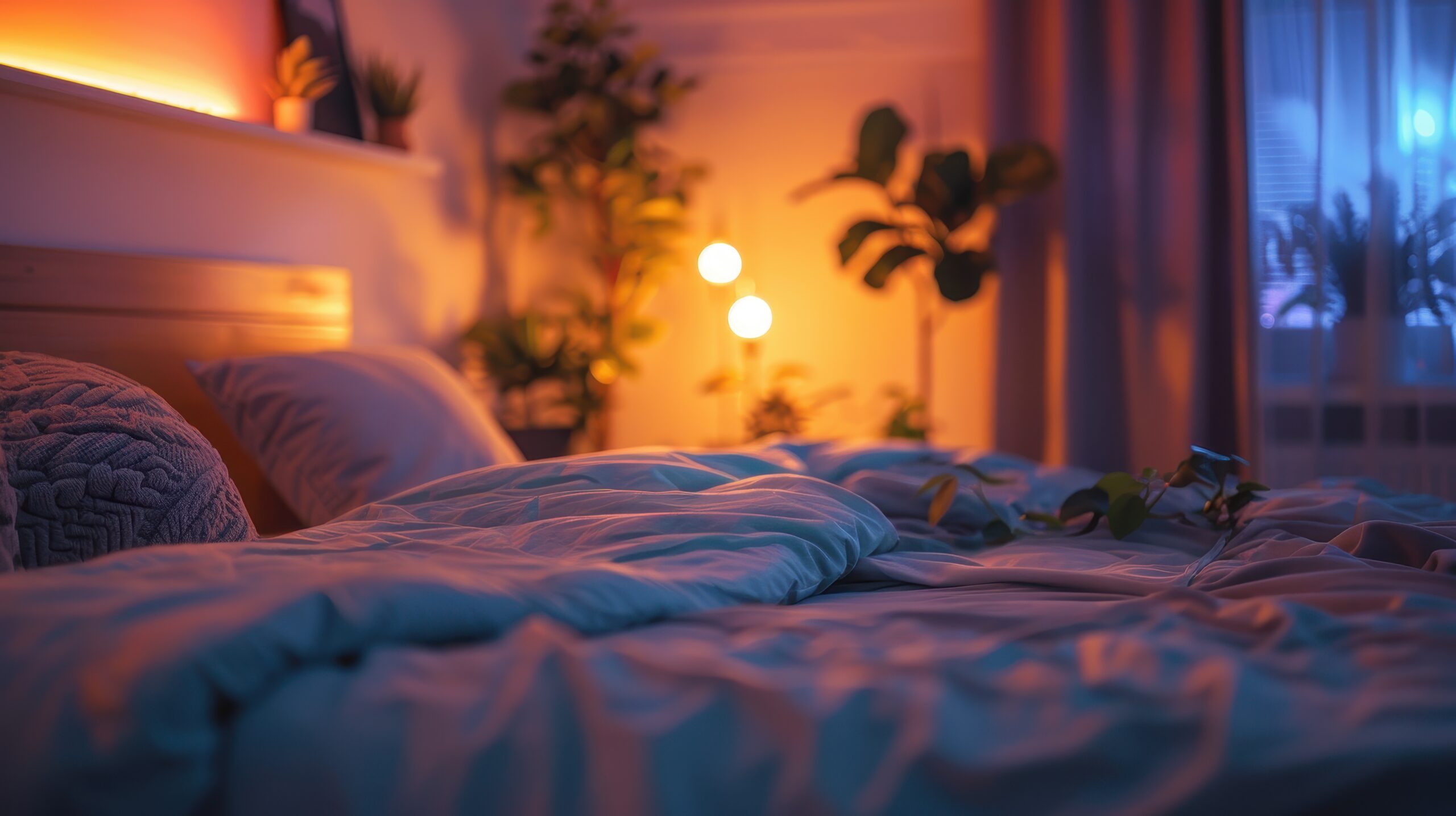 A bed with a green comforter and a lamp on the nightstand. The lamp is lit and the room is dimly lit