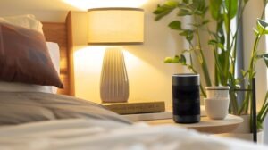Cozy bedroom corner with a white noise machine and small plant on a bedside table
