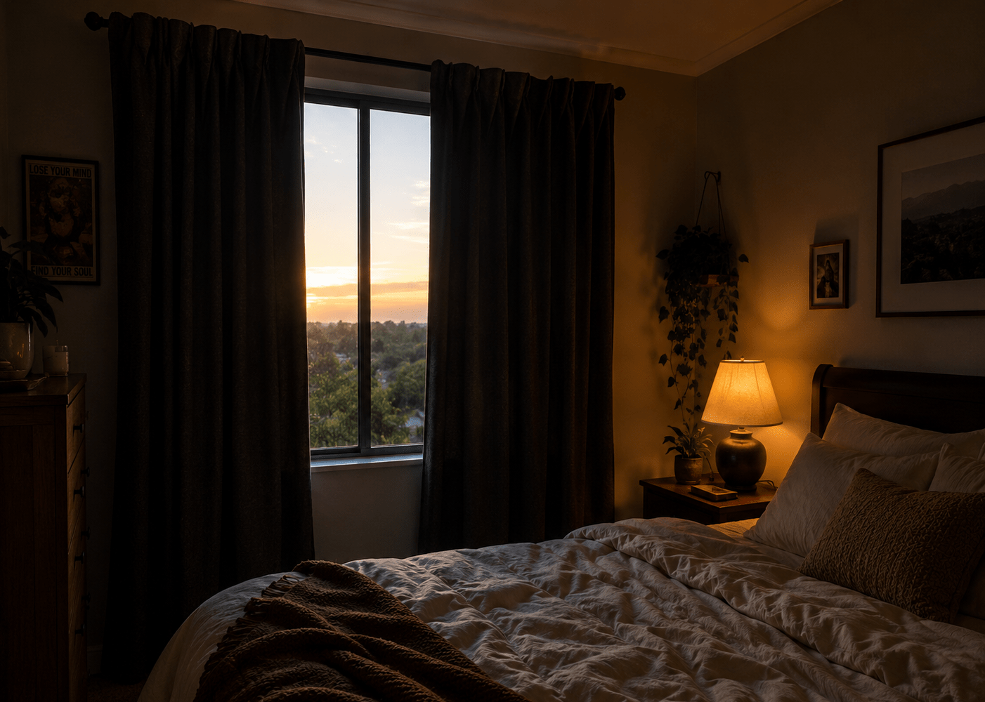 Cozy bedroom with blackout curtains, morning light and warm bedside lamp