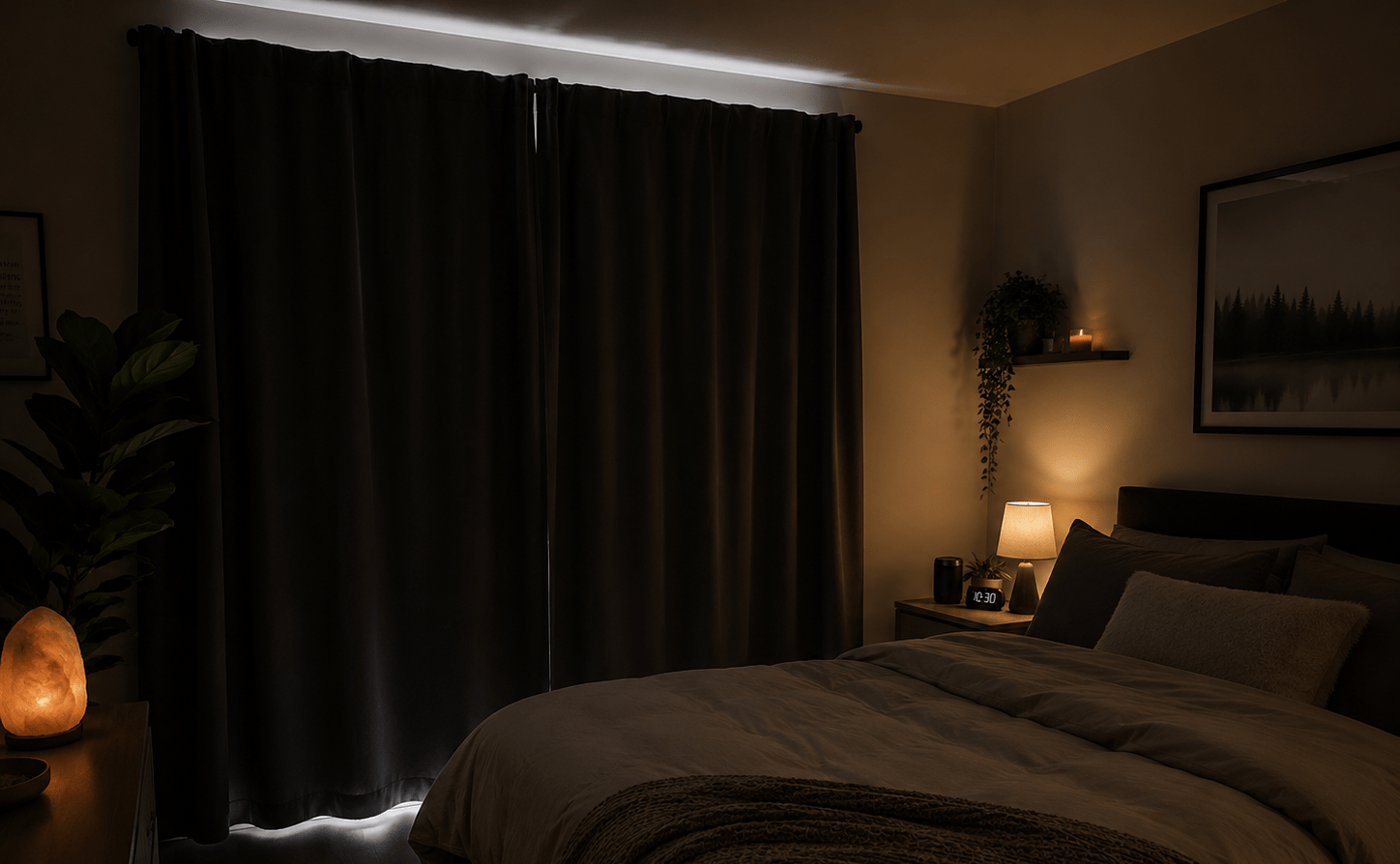 Dimly lit bedroom set up for daytime sleep with blackout curtains fully drawn and soft bedding