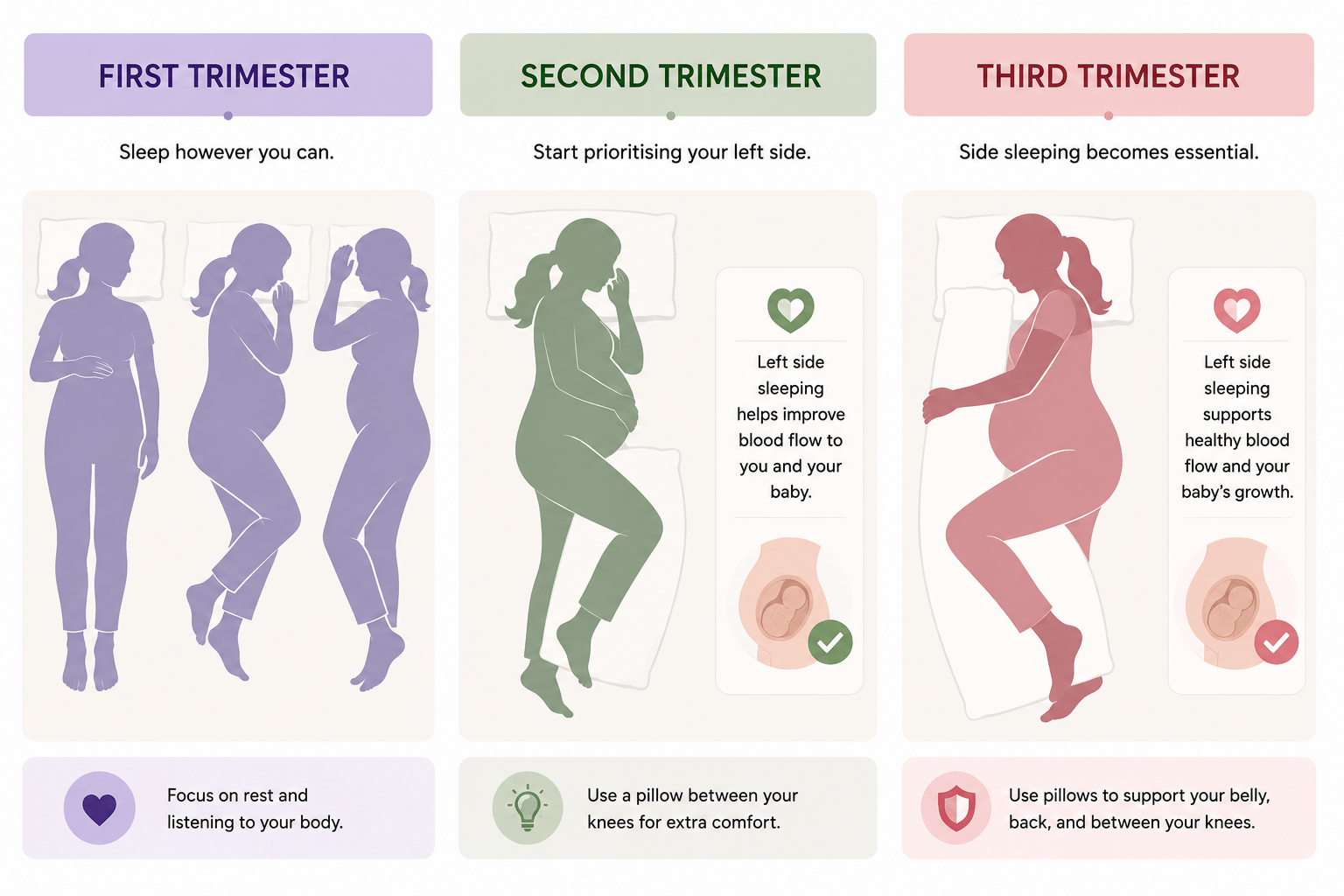 Illustration showing three trimester sleep positions for pregnant women