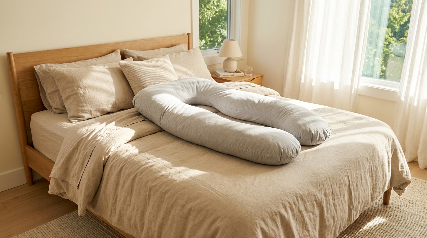 Pregnancy pillow arranged on a cozy bed with soft neutral bedding