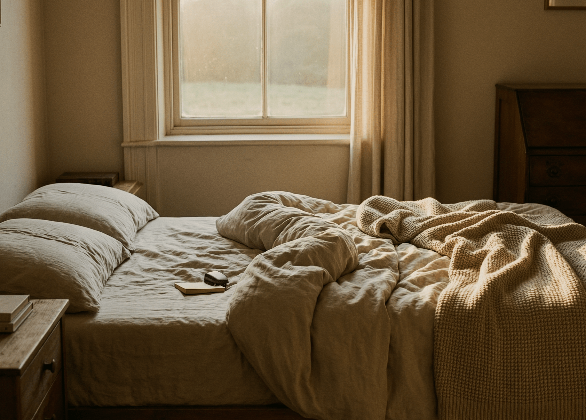 Soft morning light coming through a window onto an unmade bed, quiet and still atmosphere