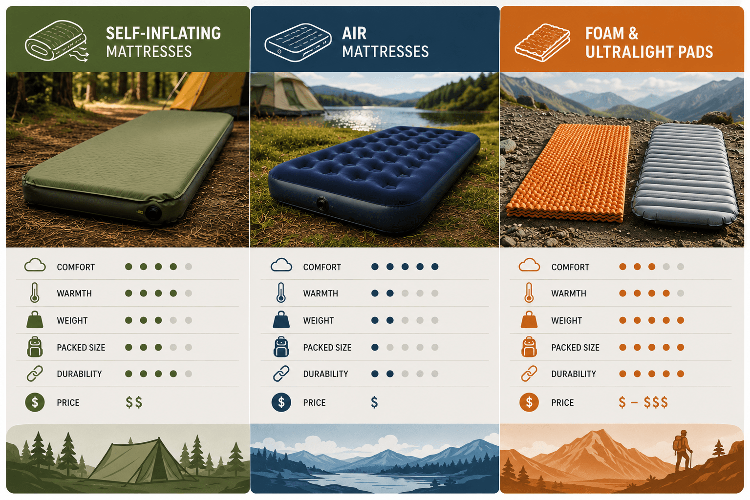 Three types of camping mattresses compared side by side