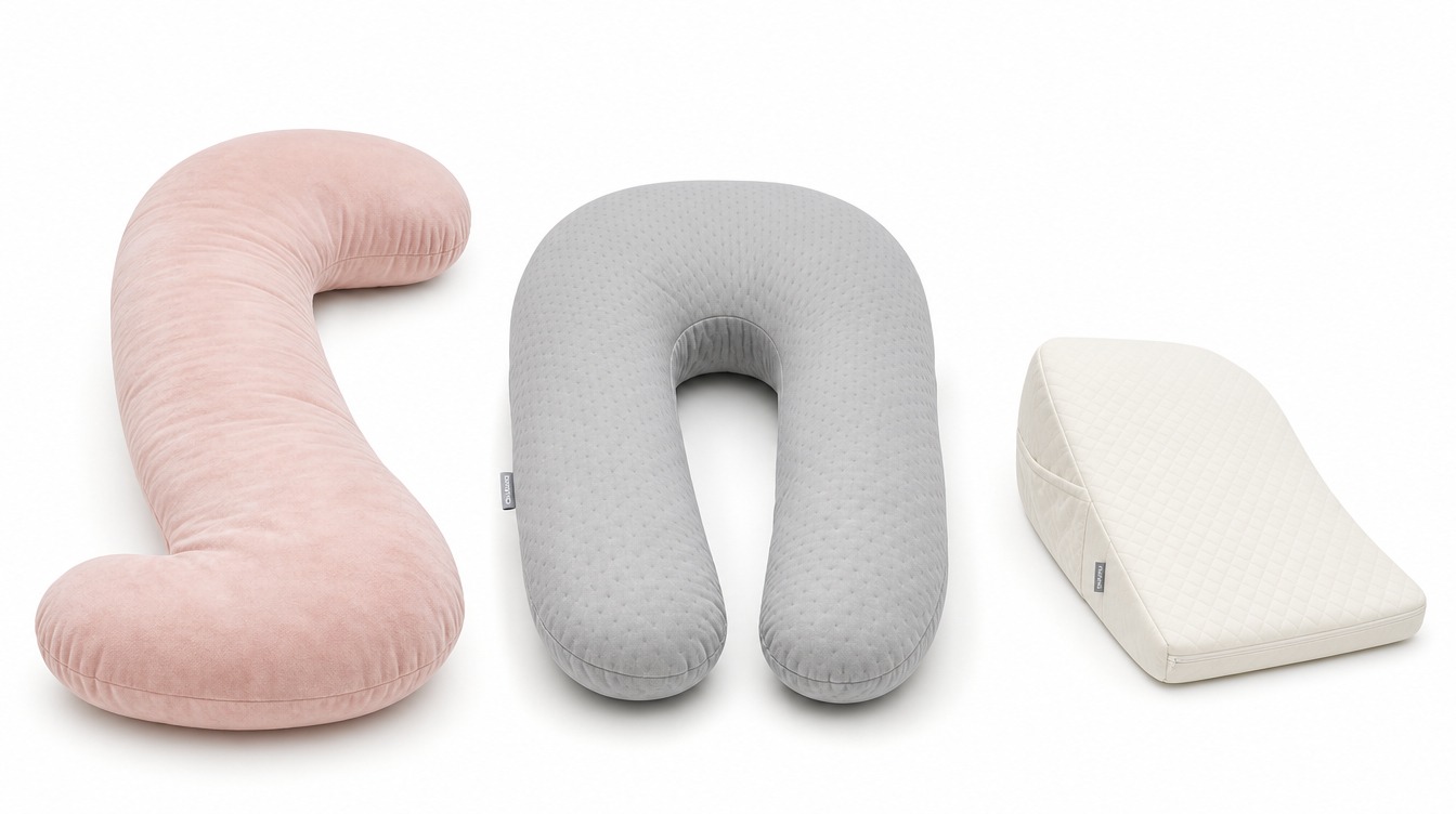Three types of pregnancy pillows side by side — full body, U-shape, and wedge