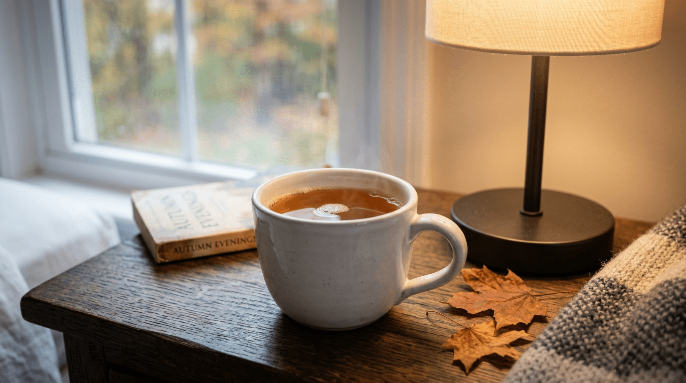 Warm herbal tea in a ceramic mug on a bedside table with a calm early morning atmosphere