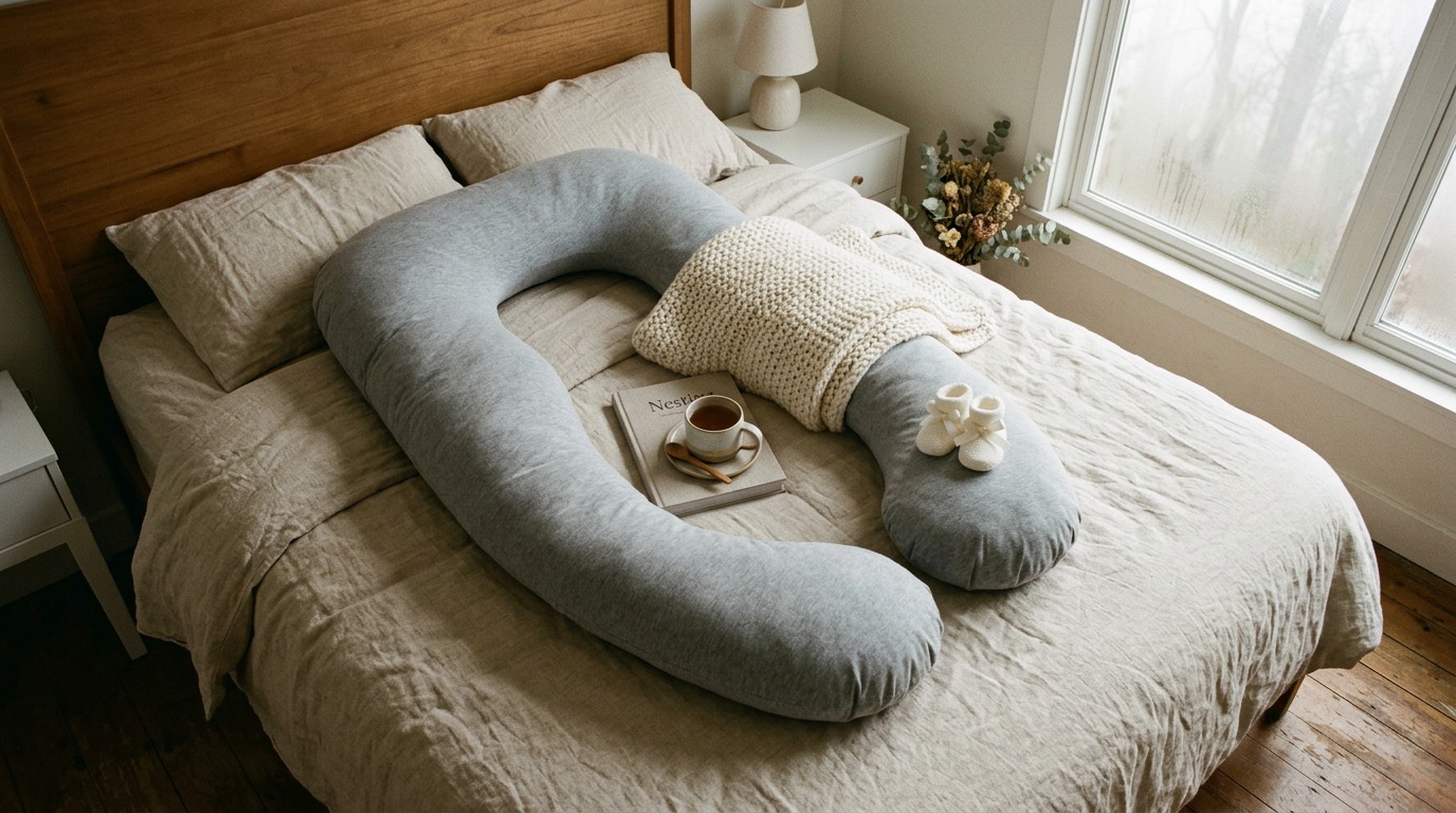 Cozy bedroom with a pregnancy pillow on a bed