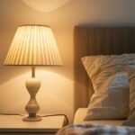 cozy dimly lit bedroom at night, warm bedside lamp, soft neutral bedding