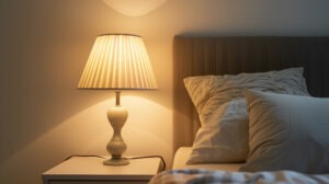 cozy dimly lit bedroom at night, warm bedside lamp, soft neutral bedding
