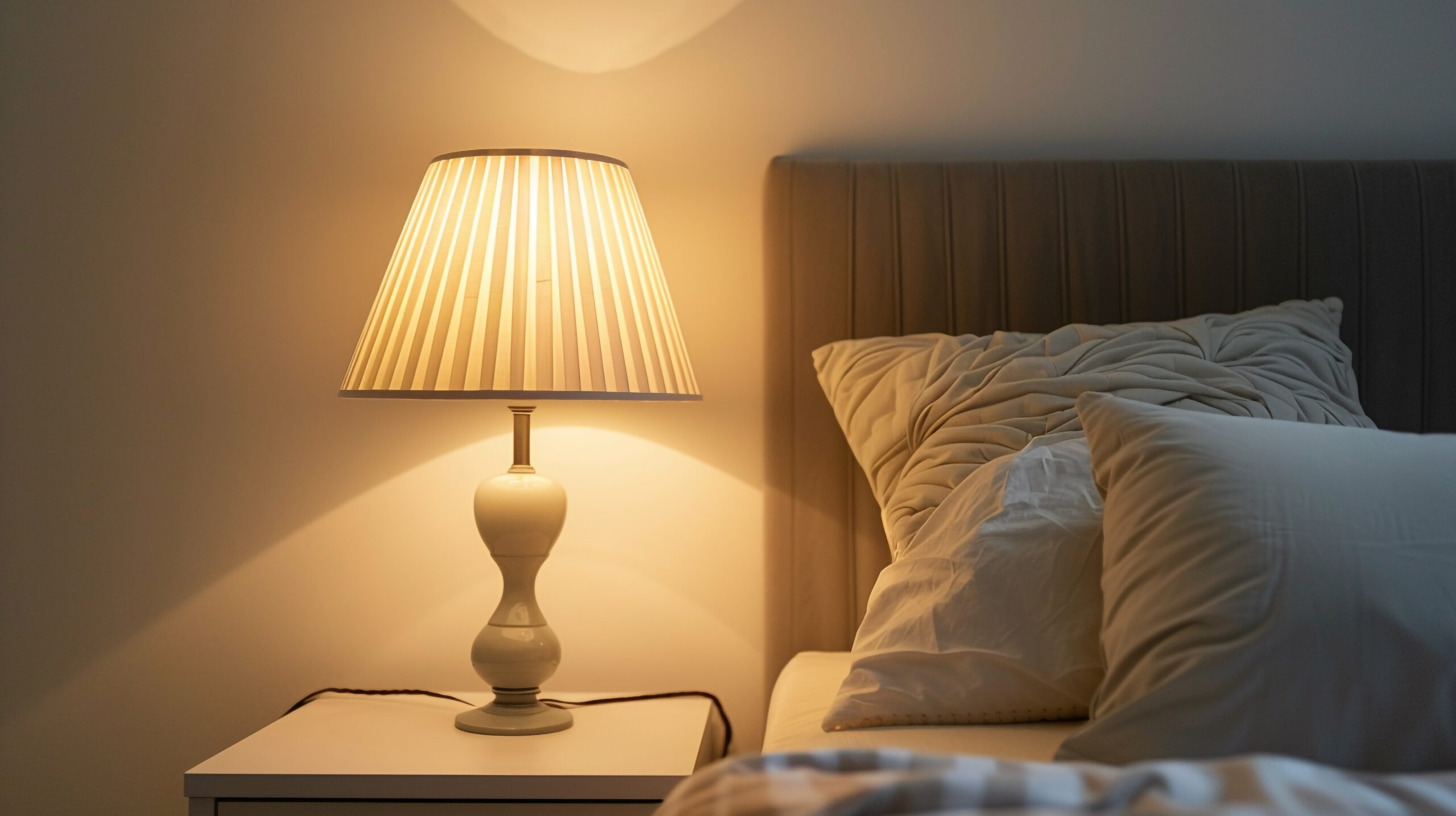 cozy dimly lit bedroom at night, warm bedside lamp, soft neutral bedding