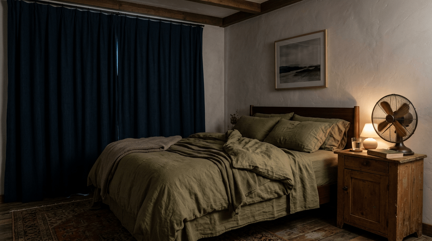 Dimly lit bedroom set up for daytime sleep with a fan on the bedside table and blackout curtains fully drawn
