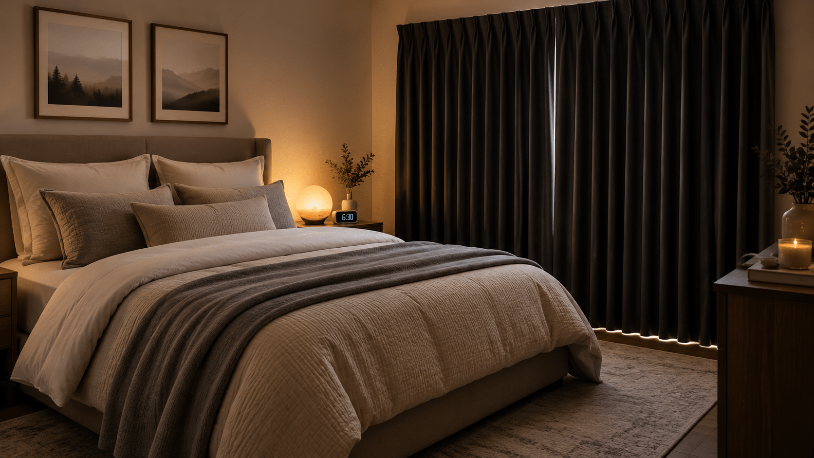 Neatly made bed with soft layered bedding, blackout curtains, and a sunrise alarm on the nightstand