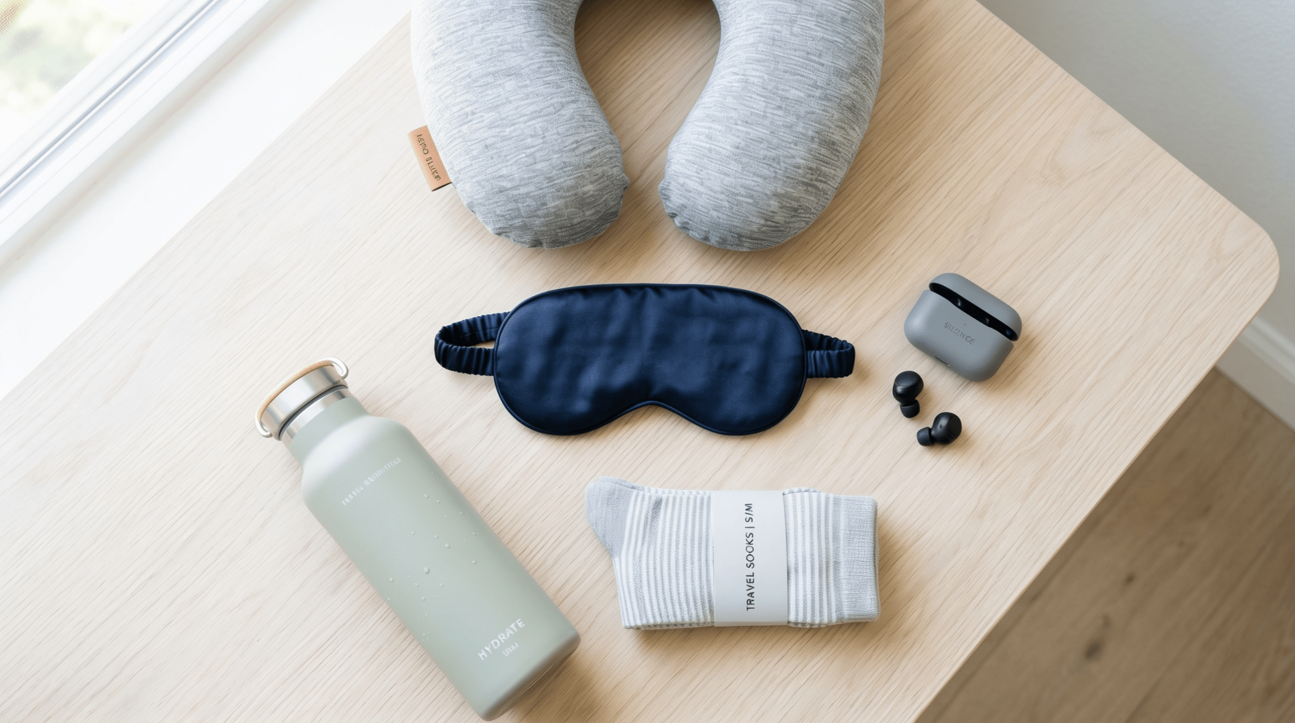 Flat-lay of a carry-on sleep kit: neck pillow, eye mask, earbuds, compression socks, and water bottle