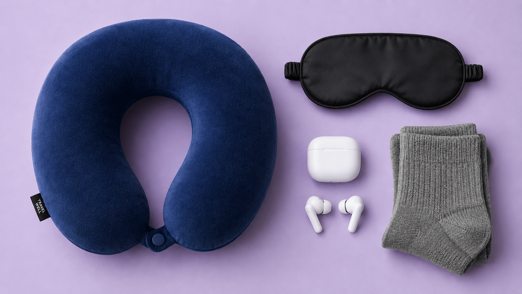 Flat-lay of travel sleep essentials: neck pillow, eye mask, earbuds, and folded compression socks